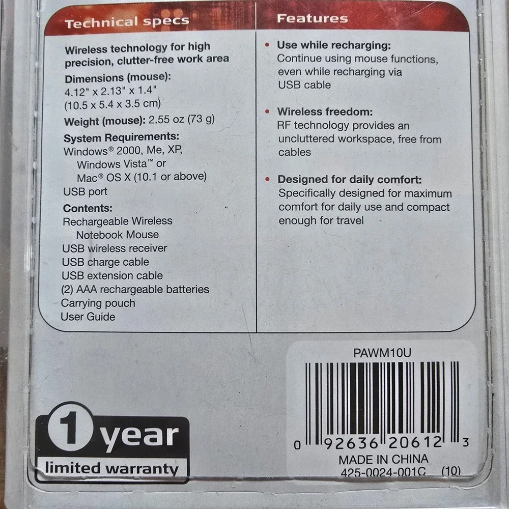 Targus PAWM10U Rechargeable Wireless Notebook Mouse Silver Optical PC Mac NIB